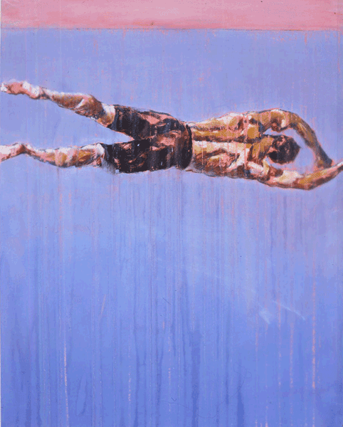 painting of horizontal man revolving in space
